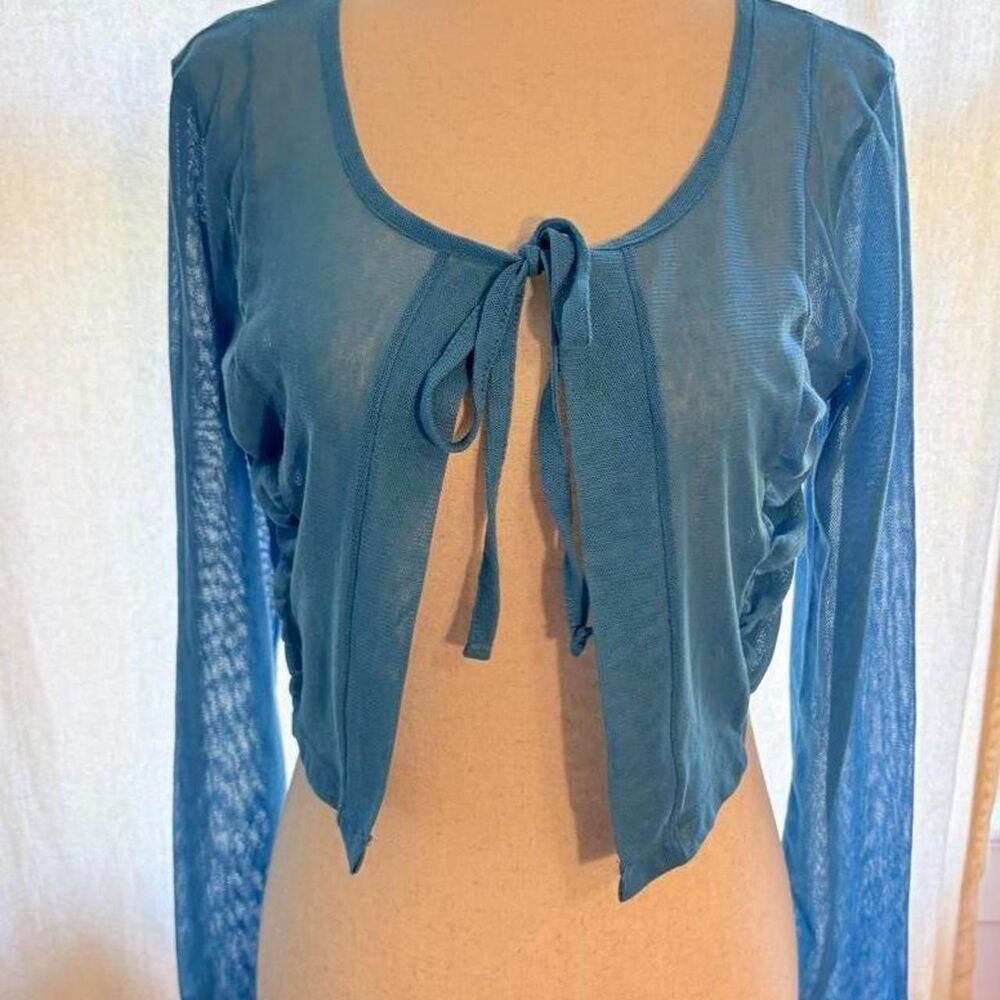 Dolcezza Y2K Aqua Blue Sheer Mesh Tie-Front Shrug